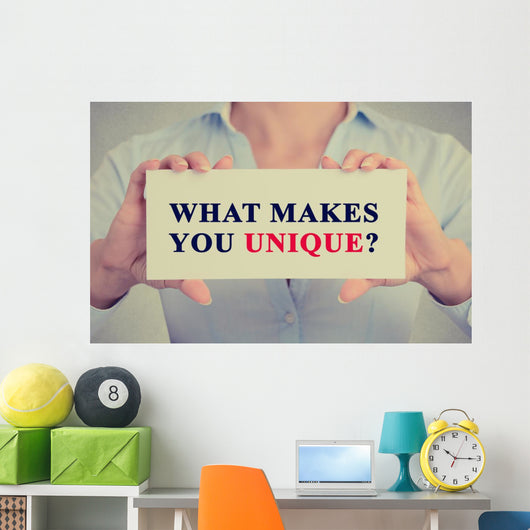 businesswoman hands holding sign message what Makes You Unique? Wall Decal