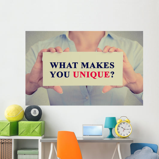 businesswoman hands holding sign message what Makes You Unique? Wall Decal