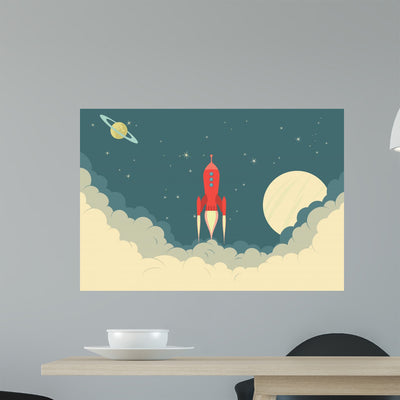 Retro Rocket Spaceship Wall Decal shown on a wall