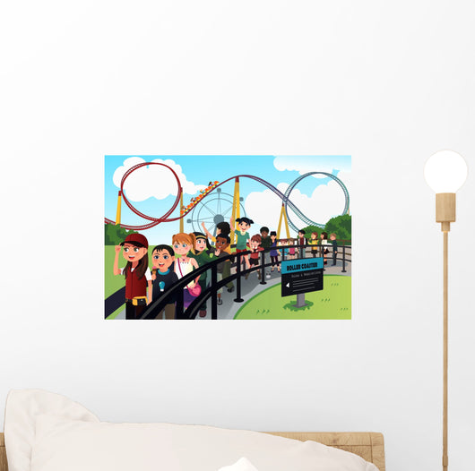 Children waiting in line for a roller coaster ride Wall Decal