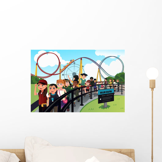 Children waiting in line for a roller coaster ride Wall Decal