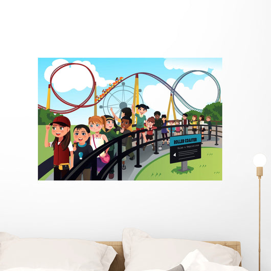 Children waiting in line for a roller coaster ride Wall Decal