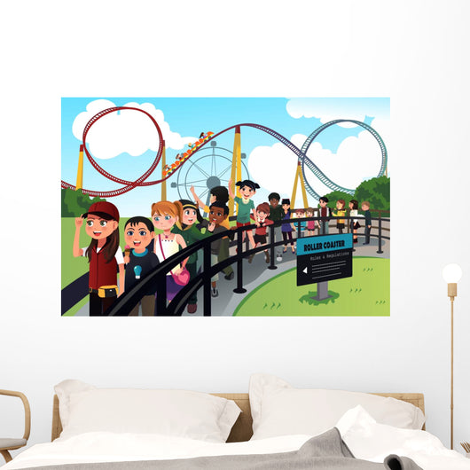 Children waiting in line for a roller coaster ride Wall Decal