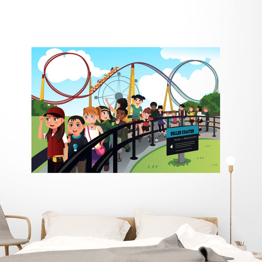 Children waiting in line for a roller coaster ride Wall Decal