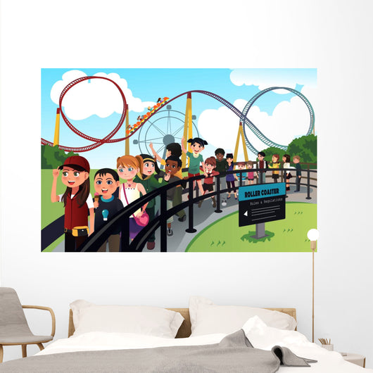 Children waiting in line for a roller coaster ride Wall Decal