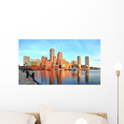 Boston Skyline With Financial District And Harbor At Sunrise Wall Decal shown on a wall
