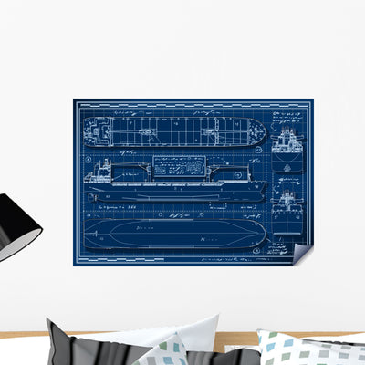 Orthogonal Blue Print Of A Cargo Ship Wall Decal shown on a wall