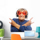 Funny old lady listening music and showing thumbs up. Wall Decal