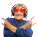 Funny old lady listening music and showing thumbs up. Wall Decal