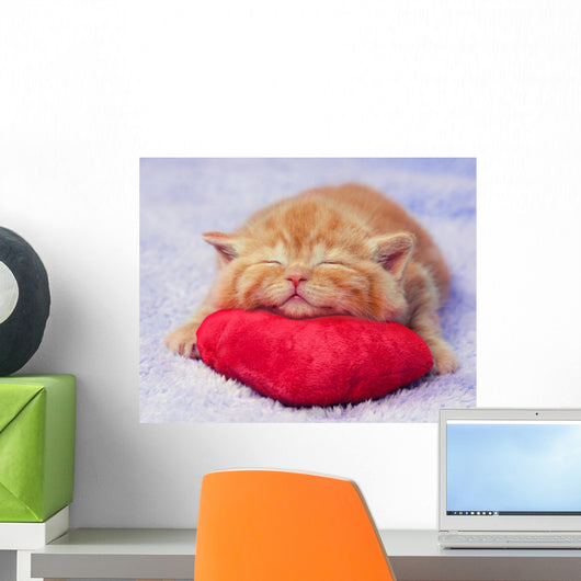 Kitten sleeping on the heart-shaped pillow Wall Decal