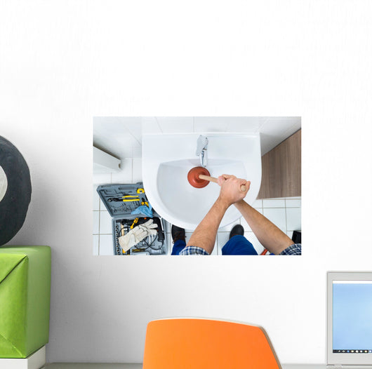 Male Plumber Using Plunger In Bathroom Sink Wall Decal
