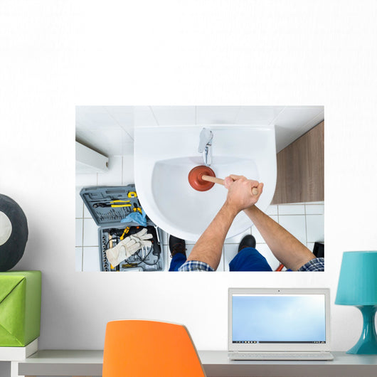 Male Plumber Using Plunger In Bathroom Sink Wall Decal