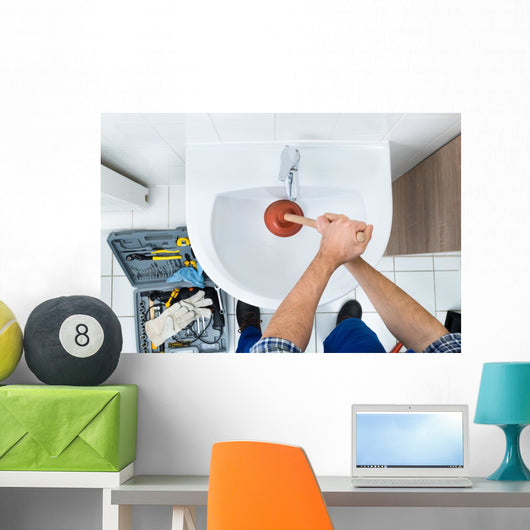 Male Plumber Using Plunger In Bathroom Sink Wall Decal