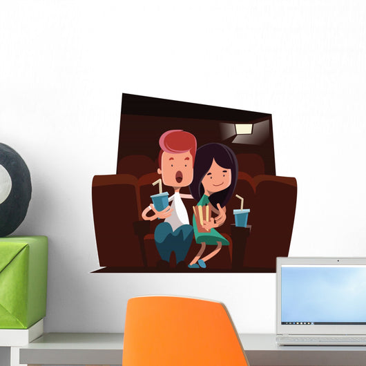 Cute couple at cinema theatre illustration cartoon character Wall Decal