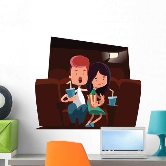 Cute couple at cinema theatre illustration cartoon character Wall Decal