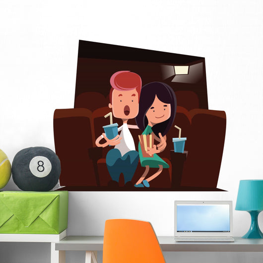 Cute couple at cinema theatre illustration cartoon character Wall Decal