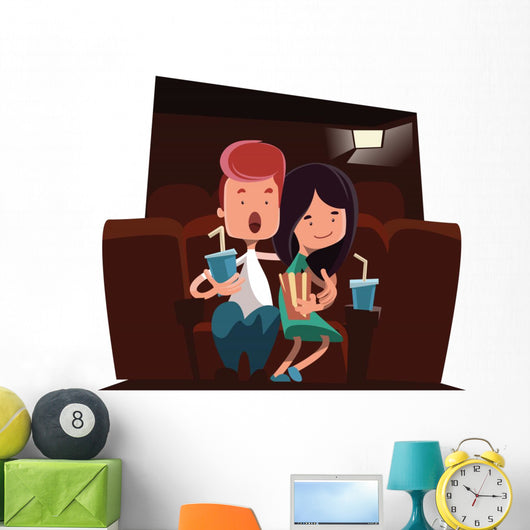 Cute couple at cinema theatre illustration cartoon character Wall Decal