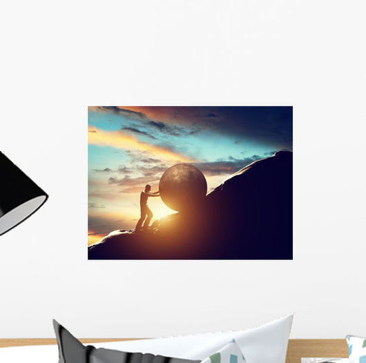 Sisyphus metaphor. Man rolling huge concrete ball up hill. Wall Decal