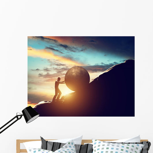 Sisyphus metaphor. Man rolling huge concrete ball up hill. Wall Decal