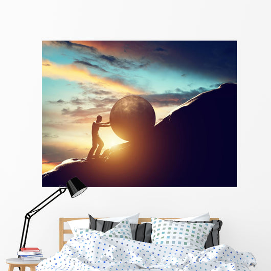 Sisyphus metaphor. Man rolling huge concrete ball up hill. Wall Decal