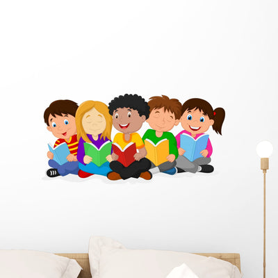 Happy Children Sitting On The Floor While Reading Books Wall Decal shown on a wall