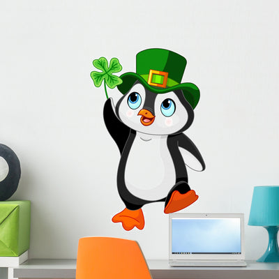 Penguin Celebrates Saint Patrick Day Wall Decal shown on a wall