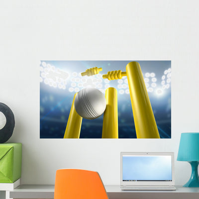 Cricket Wickets And Ball In A Stadium Wall Decal shown on a wall