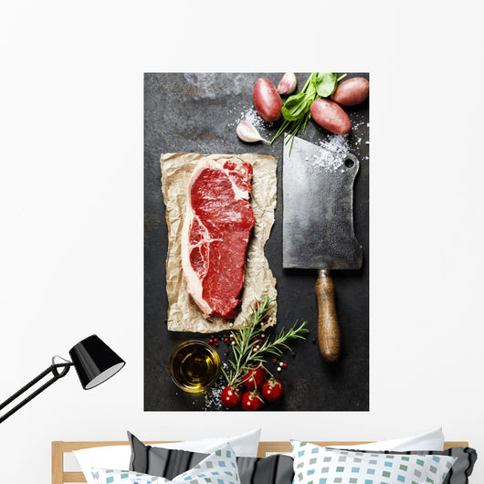 vintage cleaver and raw beef steak Wall Decal