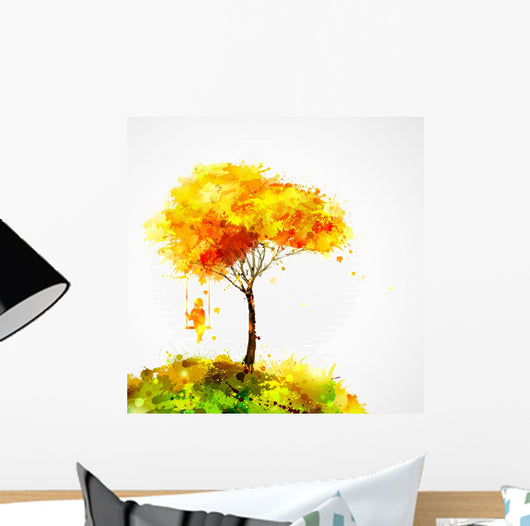autumn tree. Dreaming girl on swing Wall Decal