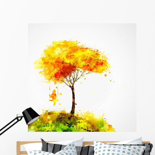 autumn tree. Dreaming girl on swing Wall Decal