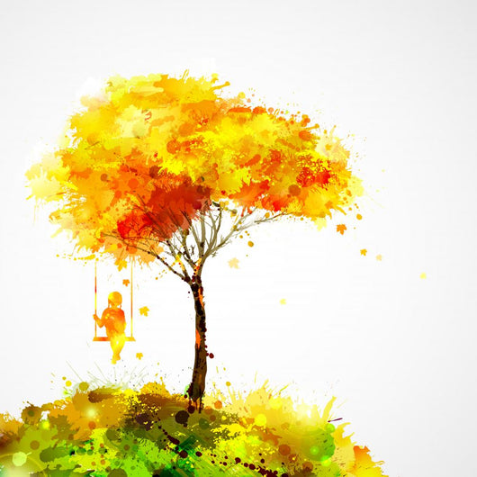 autumn tree. Dreaming girl on swing Wall Decal