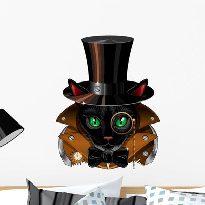 Steampunk Black Cat Wall Decal shown on a wall