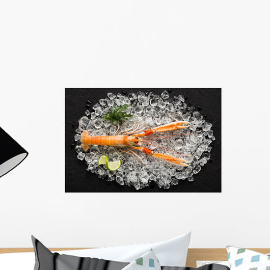 Fresh scampi shrimp on ice on a black stone table top view Wall Decal