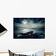 Boat drifting away on moonlight background in middle ocean  Wall Decal