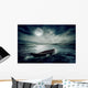 Boat drifting away on moonlight background in middle ocean  Wall Decal