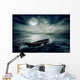 Boat drifting away on moonlight background in middle ocean  Wall Decal
