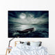 Boat drifting away on moonlight background in middle ocean  Wall Decal