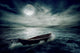 Boat drifting away on moonlight background in middle ocean  Wall Decal