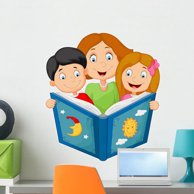 Cartoon Mother Reading With His Children Wall Decal shown on a wall