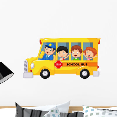 Happy Children On A School Bus Wall Decal shown on a wall