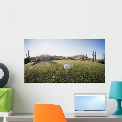 Tee Off Golf Ball - Wide Angle View Fisheye Lens Effect. Wall Decal shown on a wall