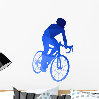 Abstract Blue Vector Cycling Racer Wall Decal shown on a wall