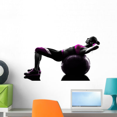 Woman Fitness Ball Crunches   Exercises Silhouette Wall Decal shown on a wall