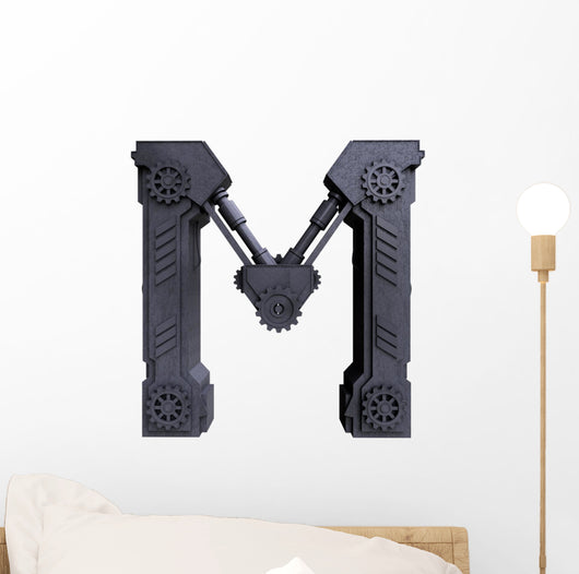 Mechanical White Letters Scratched Metal Wall Decal