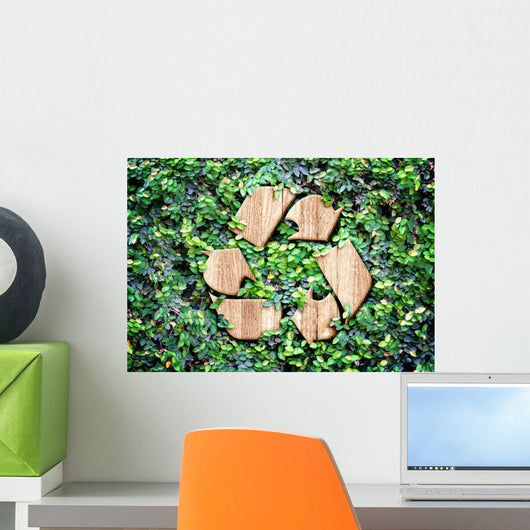 Eco concept :Wood texture Recycle icon on green leaves wall Wall Decal