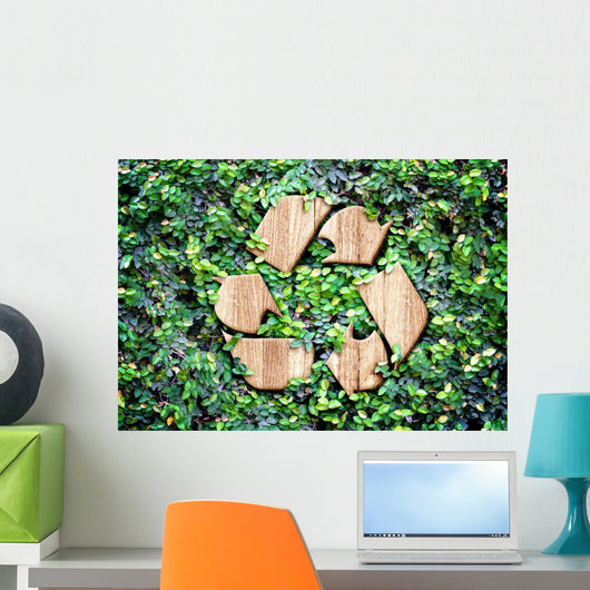 Eco concept :Wood texture Recycle icon on green leaves wall Wall Decal