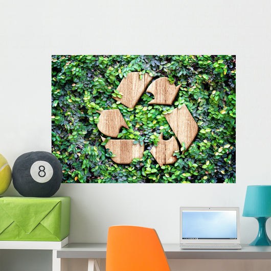 Eco concept :Wood texture Recycle icon on green leaves wall Wall Decal