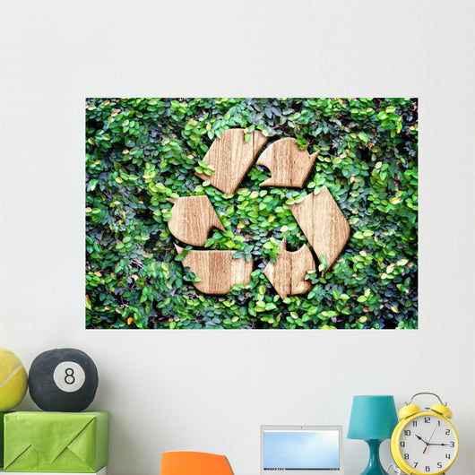 Eco concept :Wood texture Recycle icon on green leaves wall Wall Decal