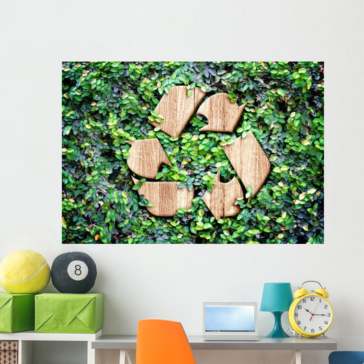 Eco concept :Wood texture Recycle icon on green leaves wall Wall Decal