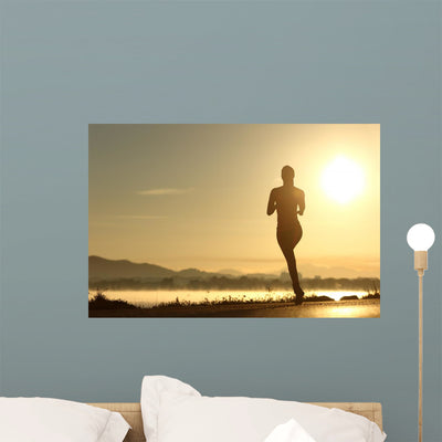 Runner Woman Silhouette Running At Sunset Wall Decal shown on a wall